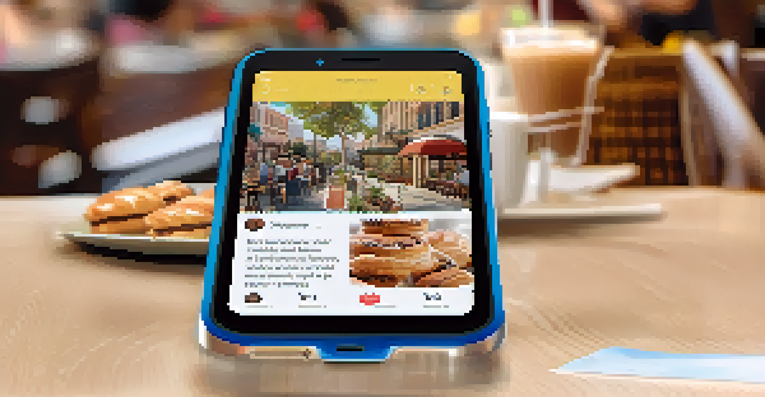 A smartphone displaying Pasadena's social media updates in a café setting.
