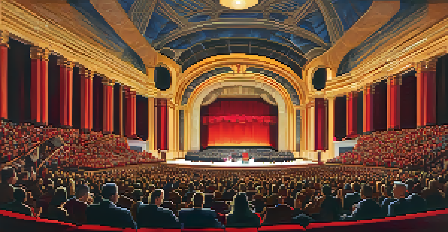 The interior of the Pasadena Civic Auditorium during a symphony performance with Art Deco details.