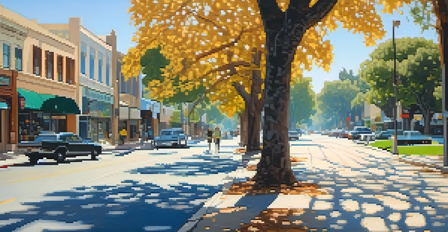 A charming street in Pasadena with California Sycamore trees providing shade to pedestrians, under a clear blue sky.