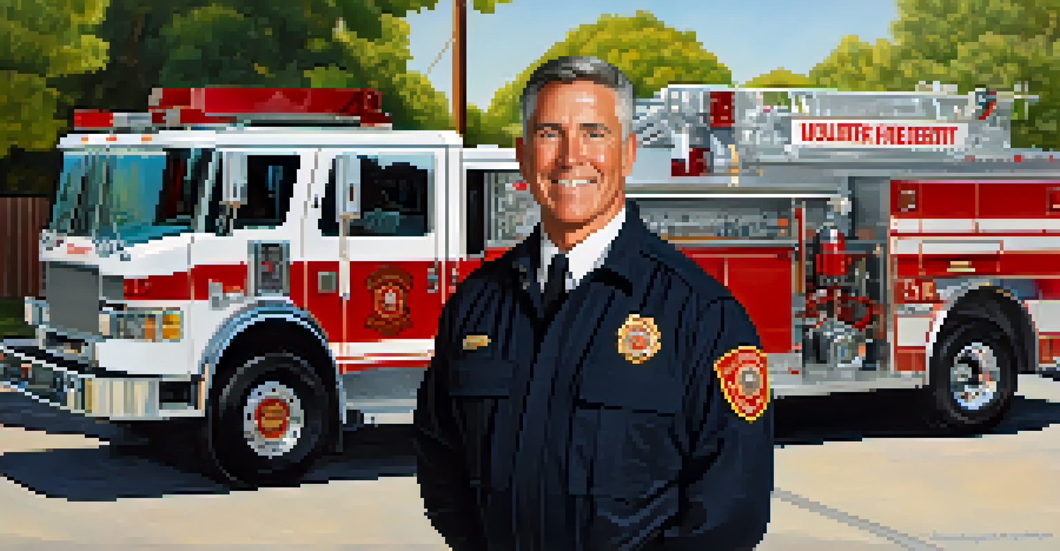 The Chief of Pasadena's Volunteer Fire Department standing in front of the fire station, wearing a uniform and smiling, with fire trucks in the background.
