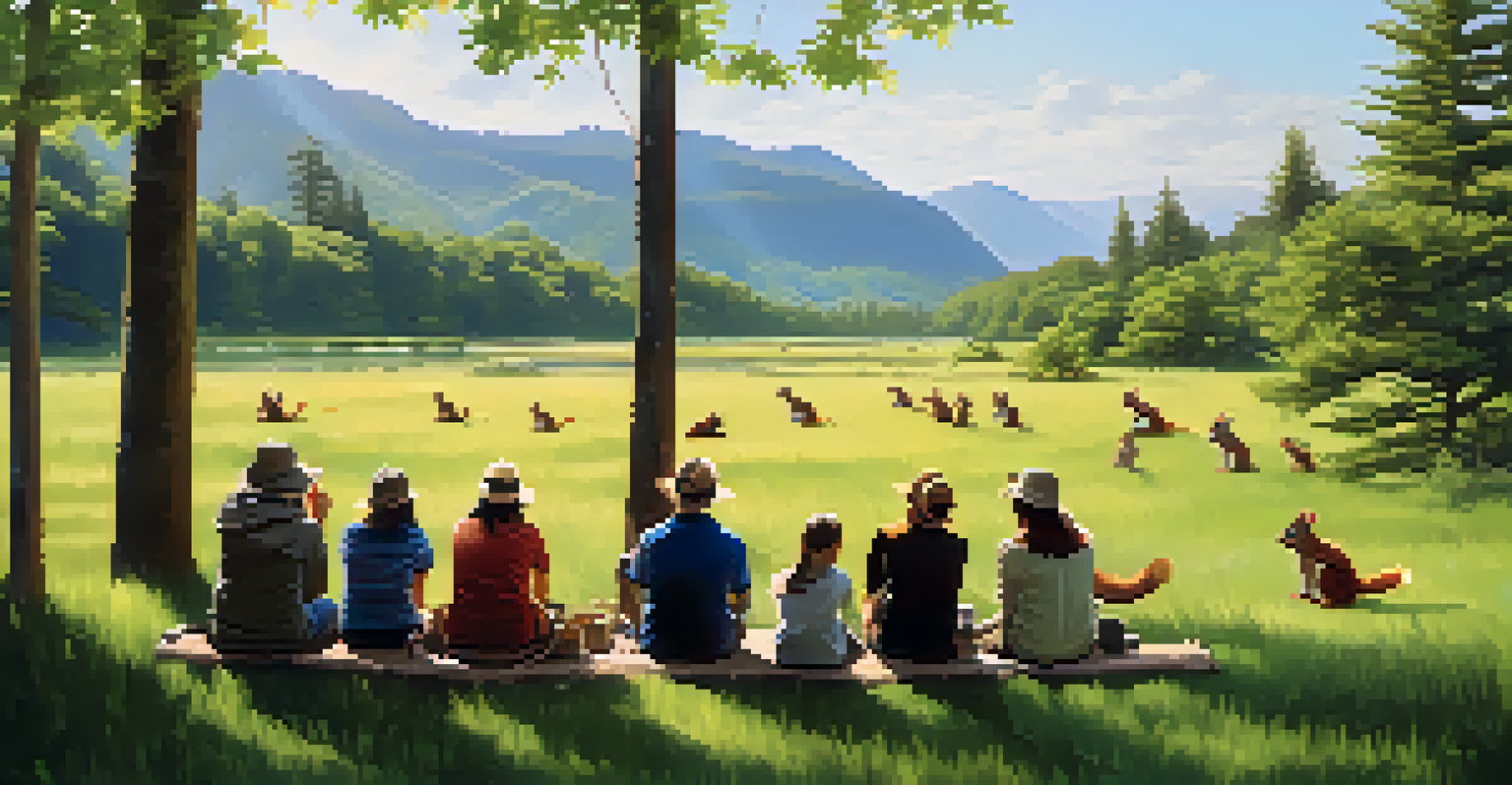 A group of people enjoying a wildlife watching event, observing squirrels in Hahamongna Watershed Park.