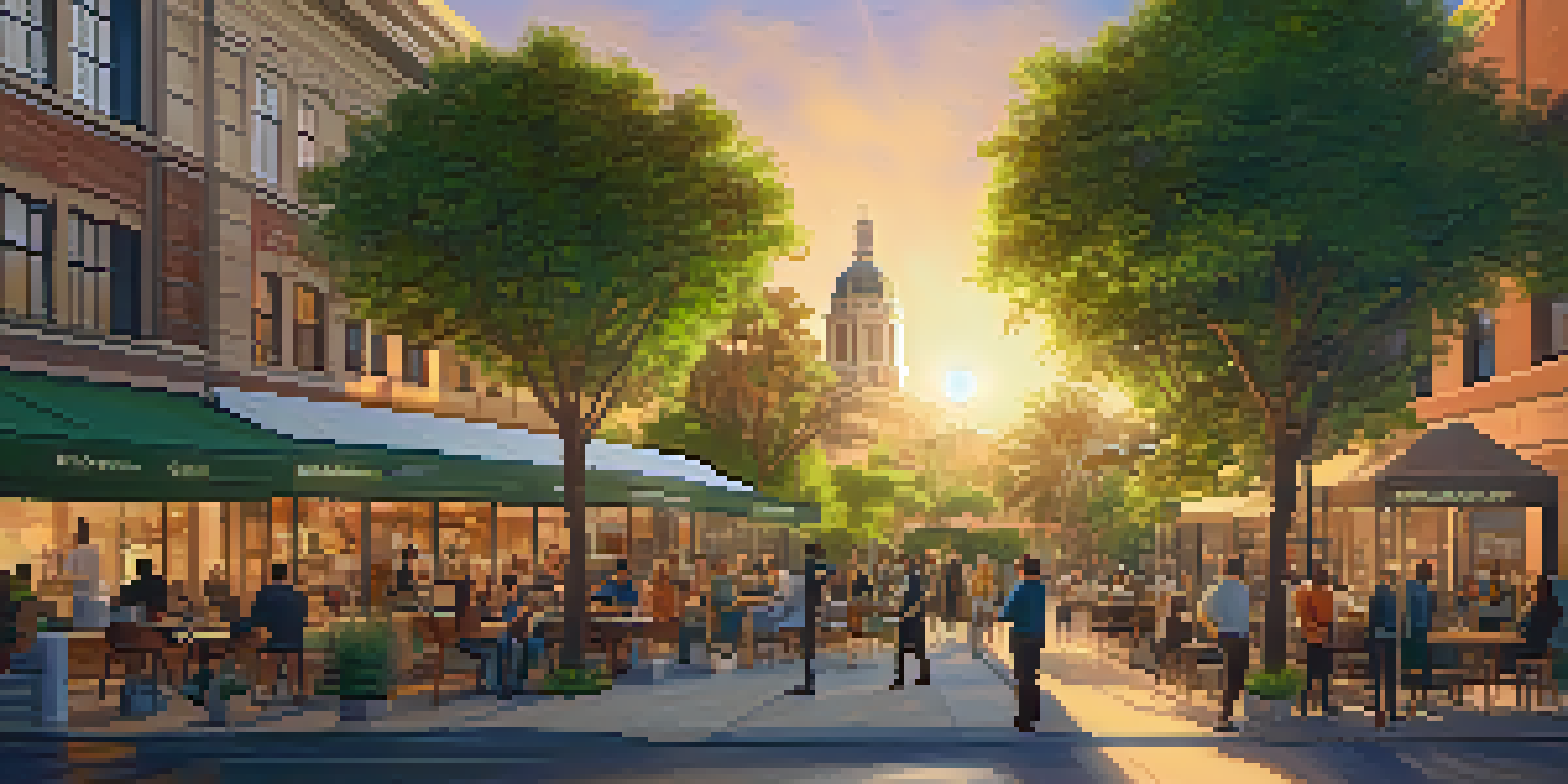 A sunset view of Pasadena's cityscape, featuring modern offices and historic buildings, with entrepreneurs engaging in collaboration outside a co-working space.