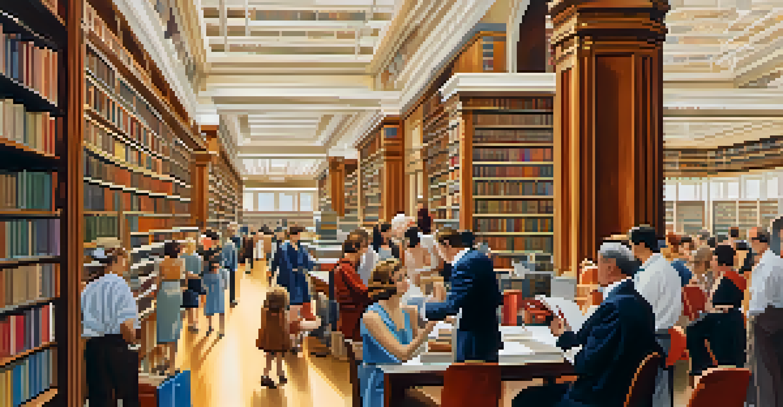 A lively Art Deco library scene with visitors reading and participating in an event, showcasing unique architectural features.