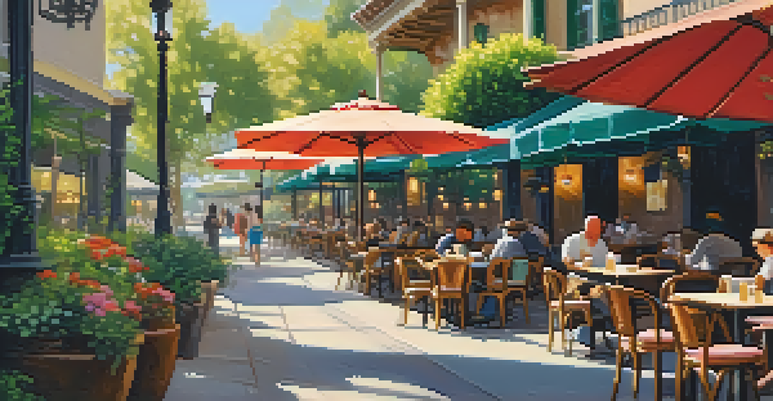 A café terrace in Old Town Pasadena with diners sitting under colorful umbrellas, surrounded by greenery.
