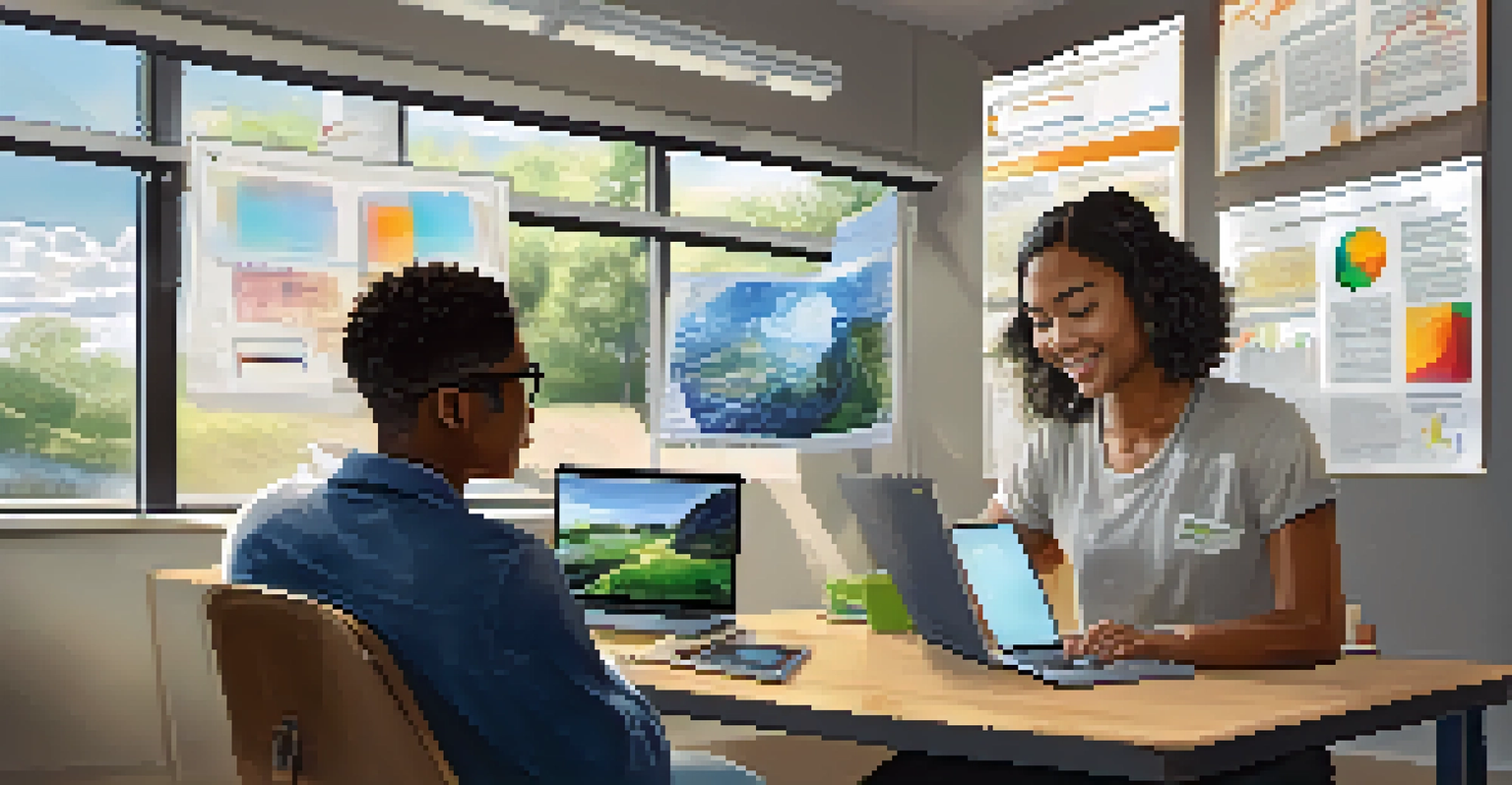 A student in a modern classroom collaborating with a local business mentor on a laptop.