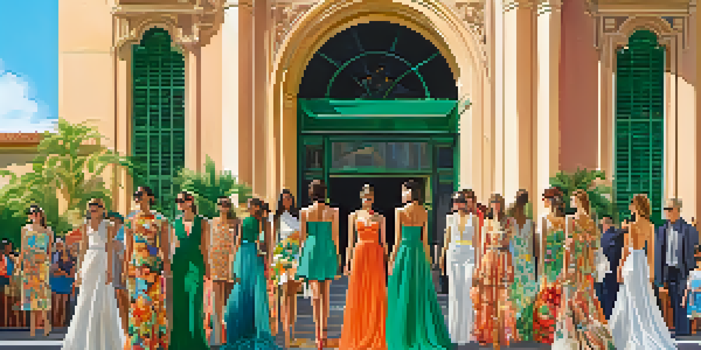 An outdoor fashion show in Pasadena with models on the runway, surrounded by greenery and historic buildings, showcasing vibrant designs.