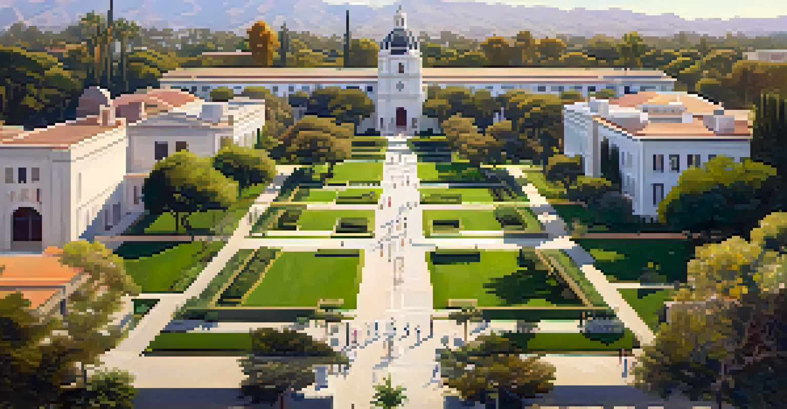 Aerial view of the Caltech campus in Pasadena, featuring iconic buildings and students walking on pathways.