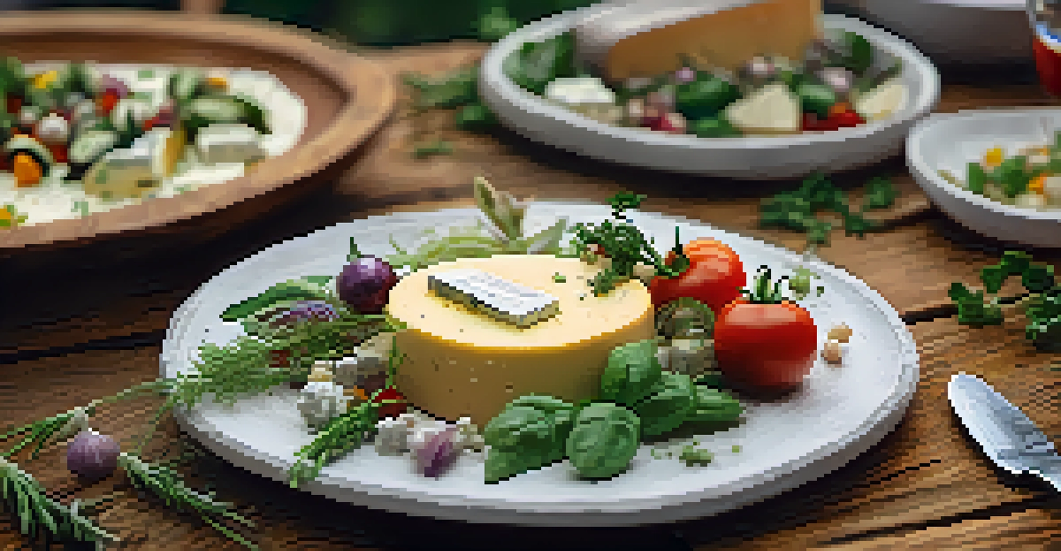 A detailed close-up of a gourmet dish with local cheeses and organic vegetables on a rustic table.