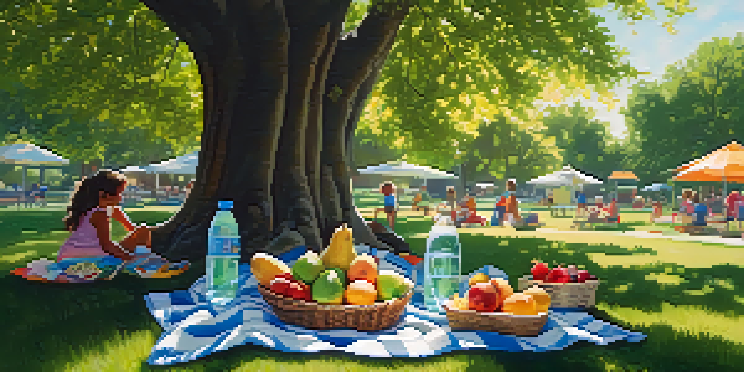 A picnic setup on green grass with a wicker basket and a playground in the background.