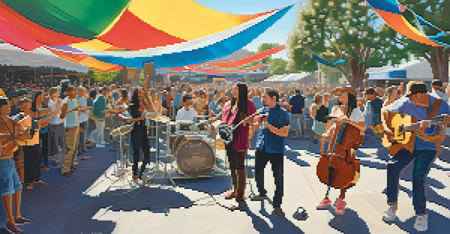A lively outdoor music festival in Pasadena with musicians on stage and a crowd enjoying the atmosphere.