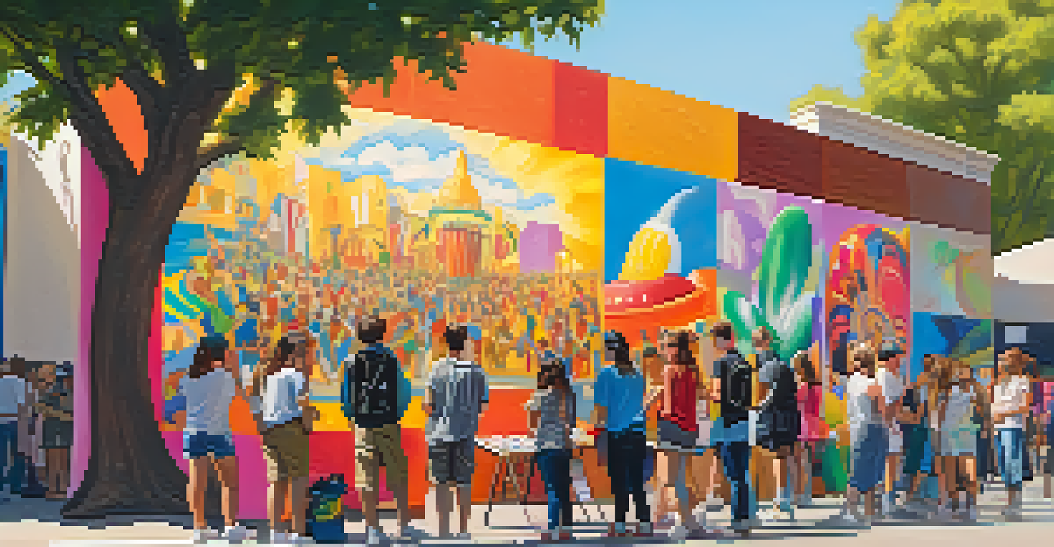 Teenagers collaborating with artists at an arts festival, painting a mural while colorful artworks are displayed in the background.