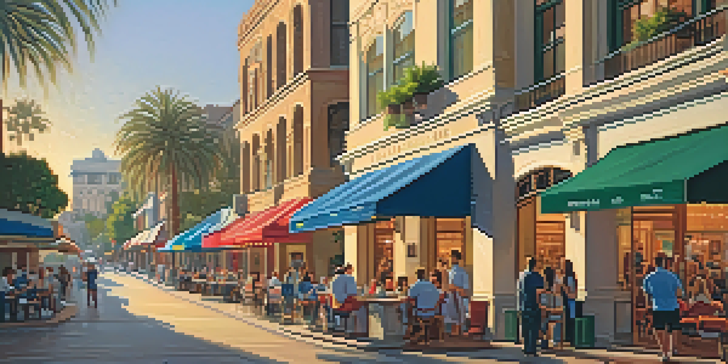 A lively street scene in Old Town Pasadena at sunset with colorful storefronts and outdoor dining.