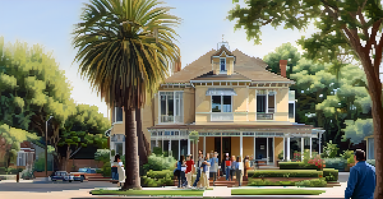 Residents participating in a walking tour of a historic Pasadena neighborhood, surrounded by vintage homes and greenery, showcasing community engagement.