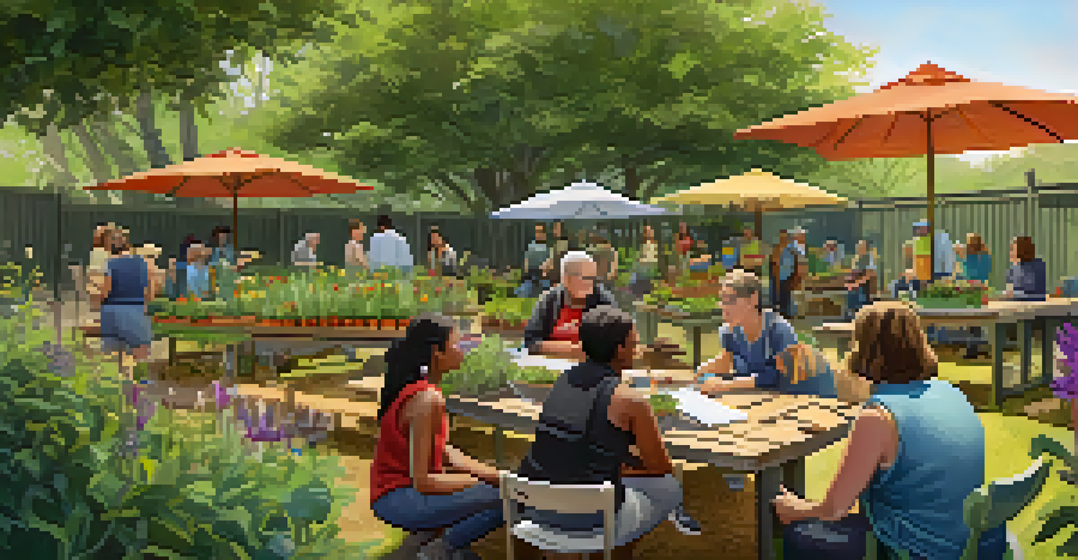 Residents attending an educational gardening workshop in a community garden, learning from an instructor surrounded by plants and tools under the shade of trees.