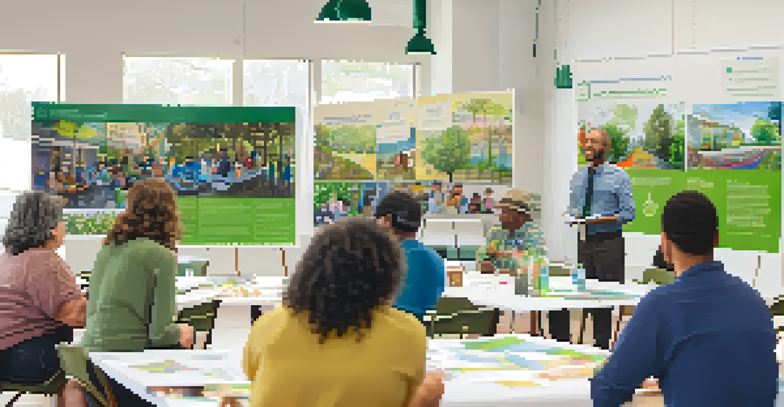 A community workshop in Pasadena with residents discussing green mobility initiatives, surrounded by sustainability posters.
