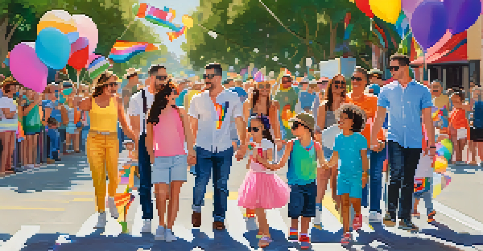 A joyful family-friendly scene at the Pride Parade, showing families with children surrounded by colorful decorations and rainbow flags.