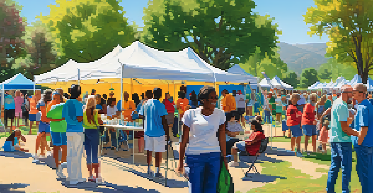 A lively community health event in Pasadena with diverse attendees participating in health screenings and wellness activities in a park.
