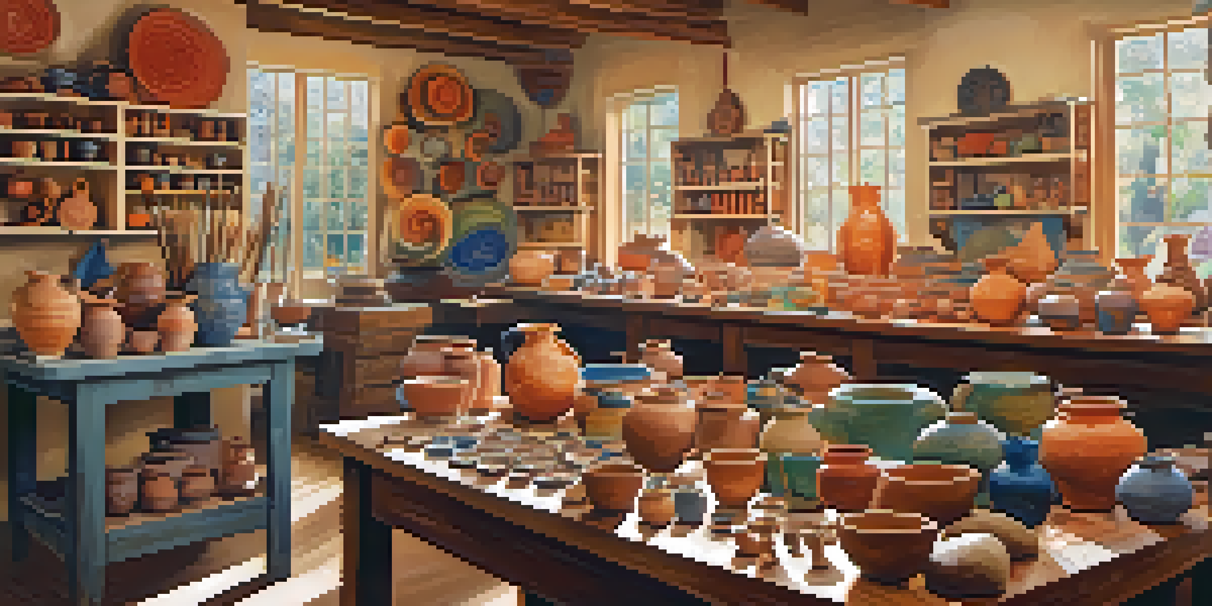 A bright and colorful pottery studio showcasing handmade ceramic pieces, with a potter working on a wheel and natural light illuminating the space.