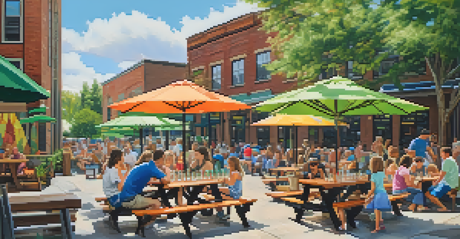 Outdoor view of Playhouse District Brewery, with families at picnic tables, children playing, and colorful umbrellas creating a lively atmosphere.