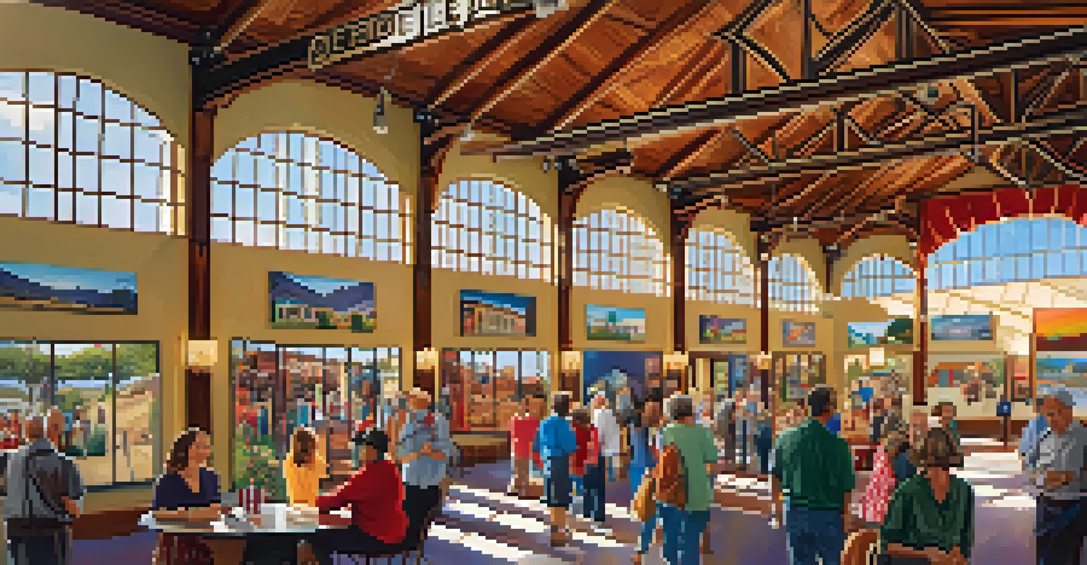 Cultural center at the former Santa Fe Depot, featuring vintage architecture and people enjoying art exhibits.