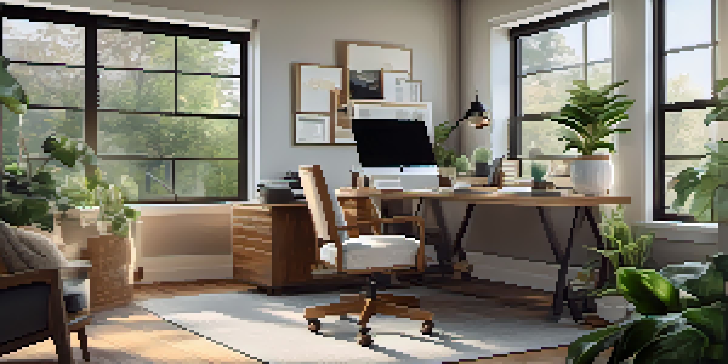 A bright and airy home office with a desk and laptop, showcasing a suburban view through large windows.
