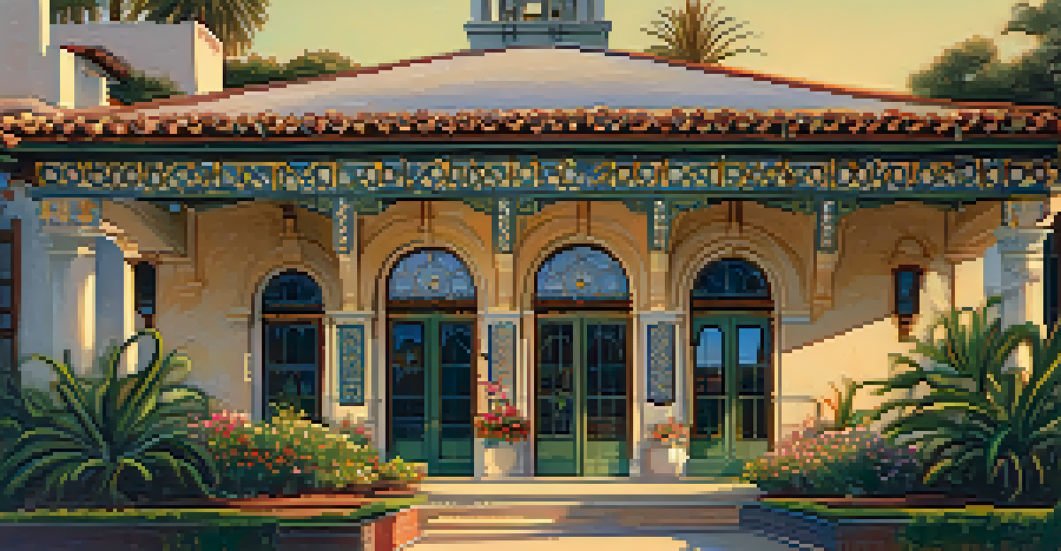 A close-up view of the Pasadena Depot showcasing its Spanish Revival architecture with intricate tile work and blooming flowers in the foreground during sunset.