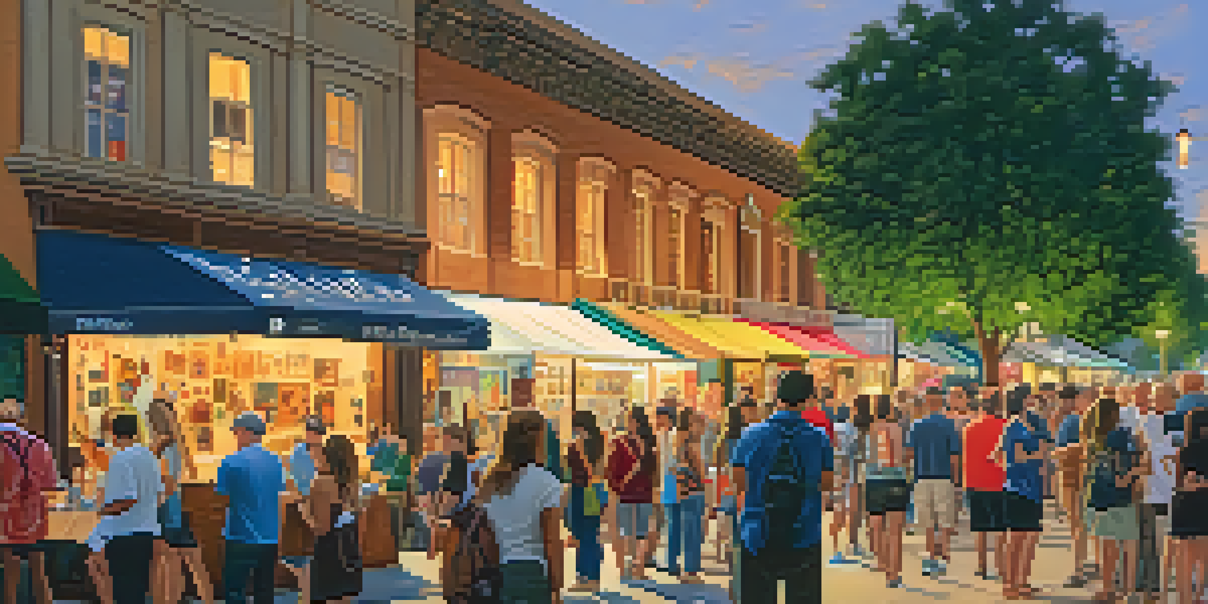 A lively street scene during Pasadena's Art Walk with people exploring galleries and colorful artworks displayed, illuminated by warm evening light.