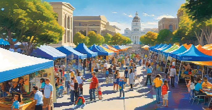 A colorful outdoor festival scene with families interacting with science exhibits and food vendors in the background.