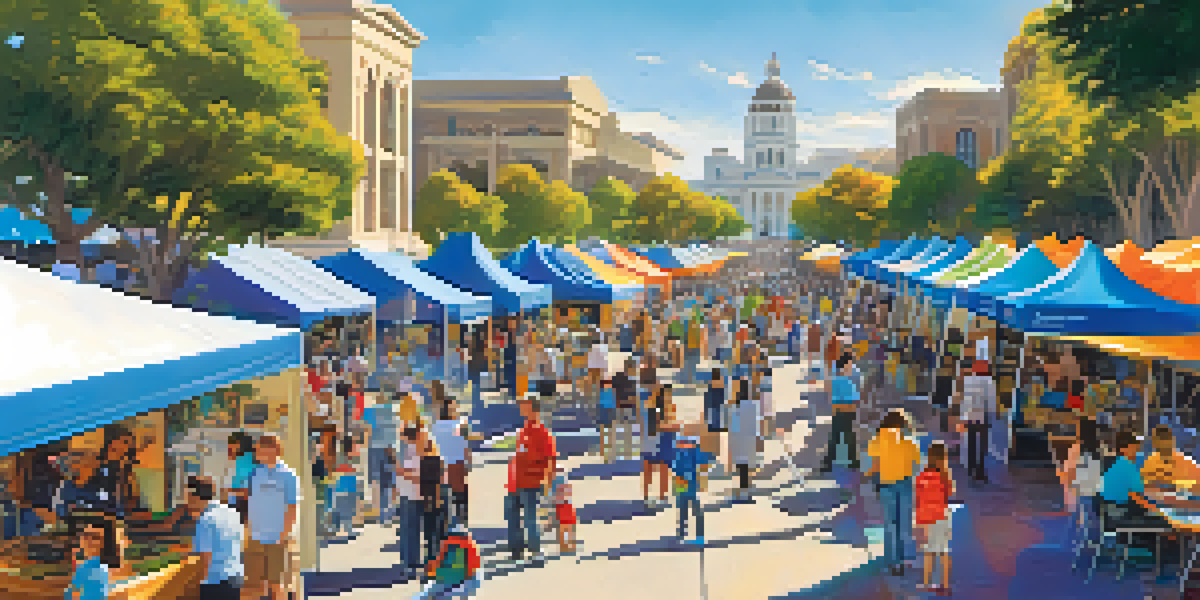 A colorful outdoor festival scene with families interacting with science exhibits and food vendors in the background.
