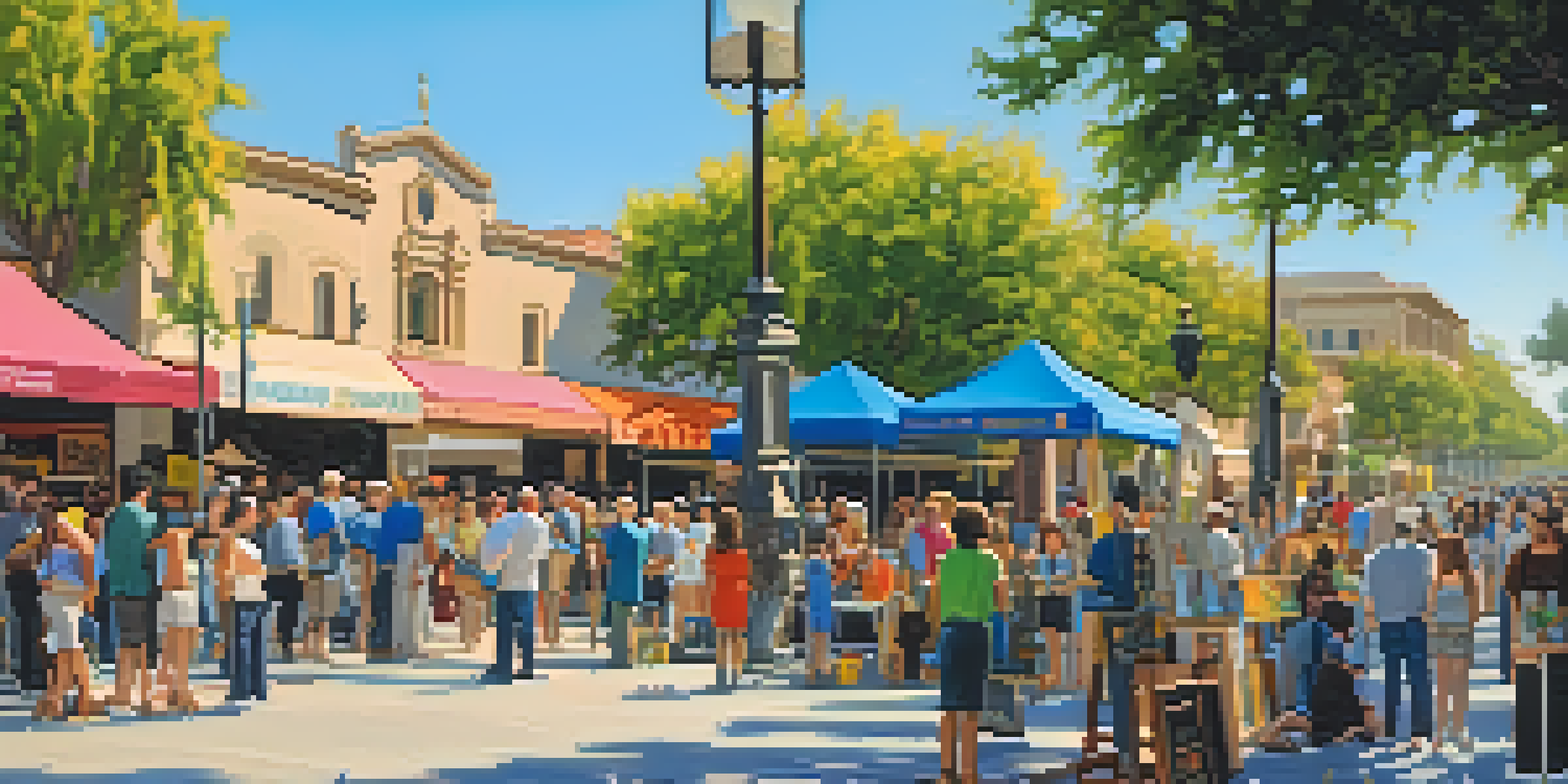 A lively outdoor art exhibition in Pasadena with local artists and visitors, surrounded by blooming trees and historical buildings.