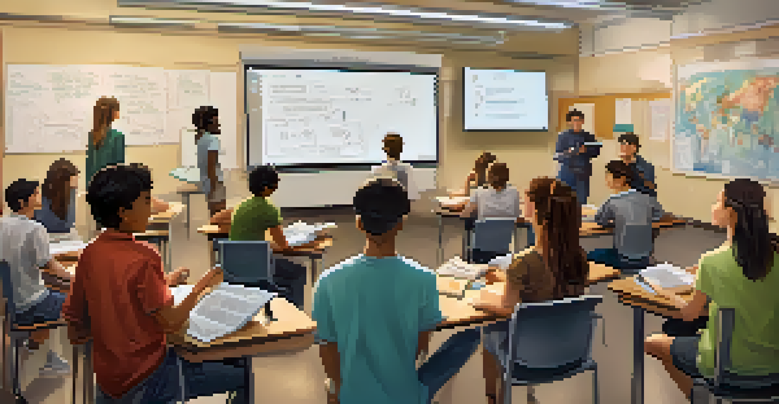 Students in a flipped classroom watching a lecture on laptops and discussing topics actively, with a whiteboard full of notes in the background.