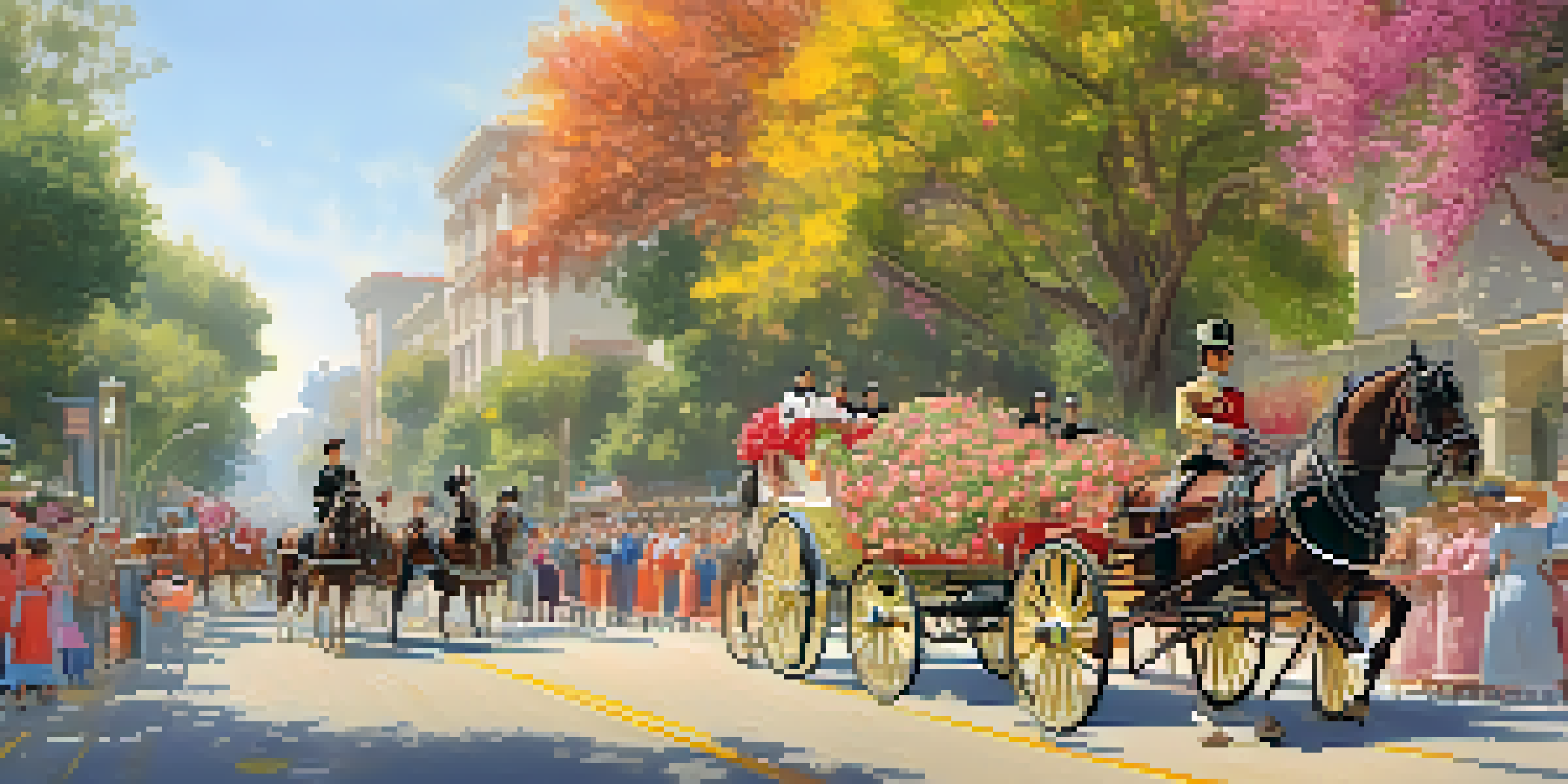 A historical scene depicting the first Rose Parade with horse-drawn carriages decorated with flowers and spectators in vintage attire.