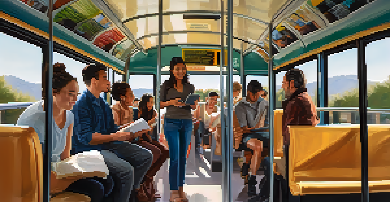 Inside a Pasadena bus with passengers reading, using smartphones, and chatting, under warm lighting.