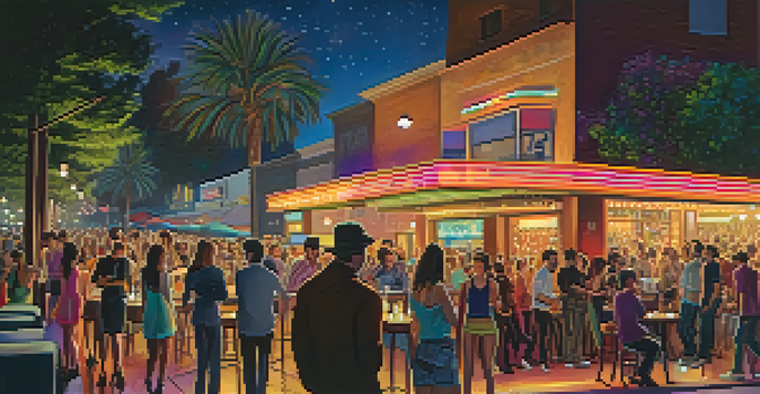 A lively Pasadena nightlife scene with colorful neon lights, people dancing, and live musicians.