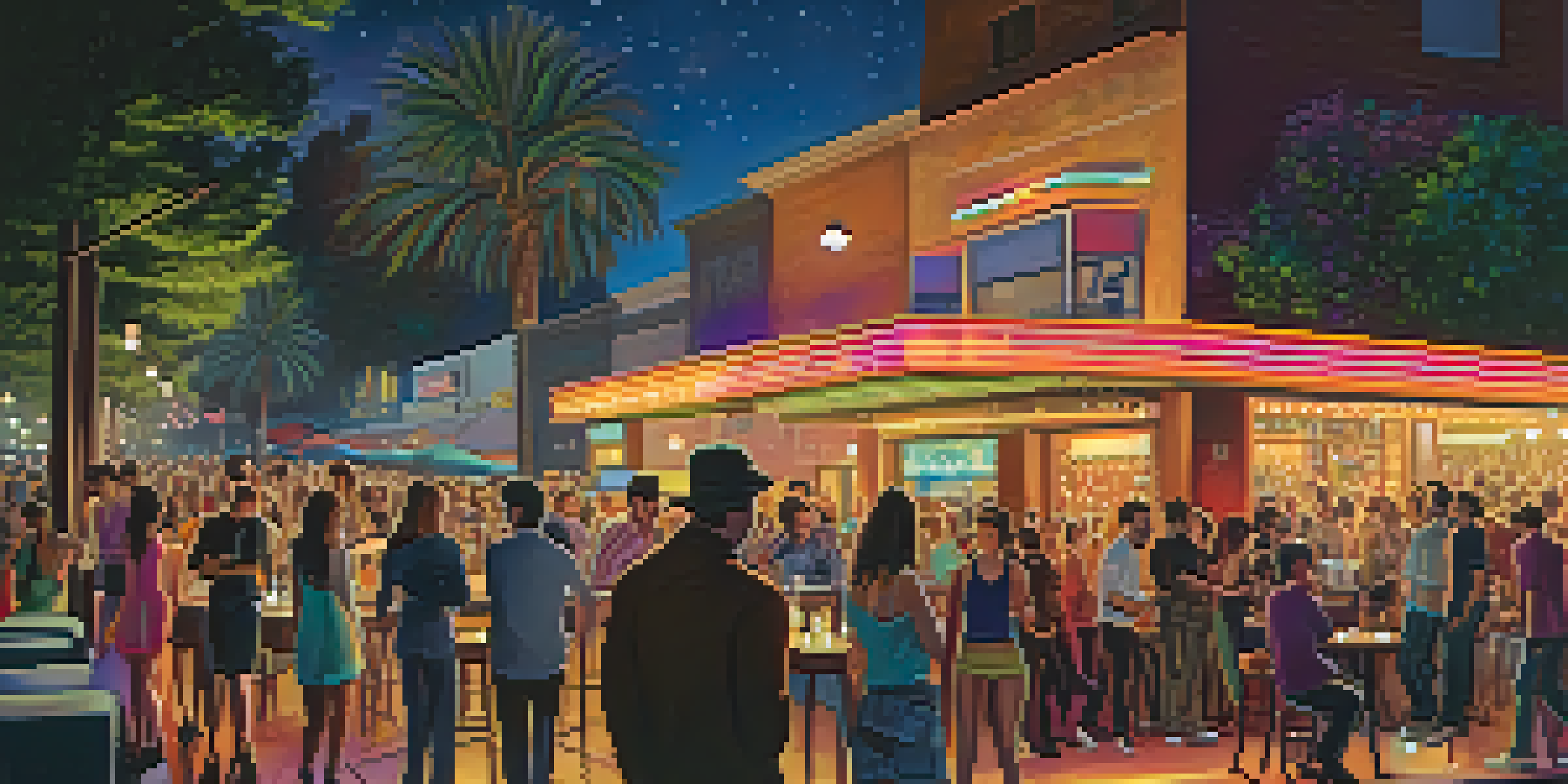 A lively Pasadena nightlife scene with colorful neon lights, people dancing, and live musicians.