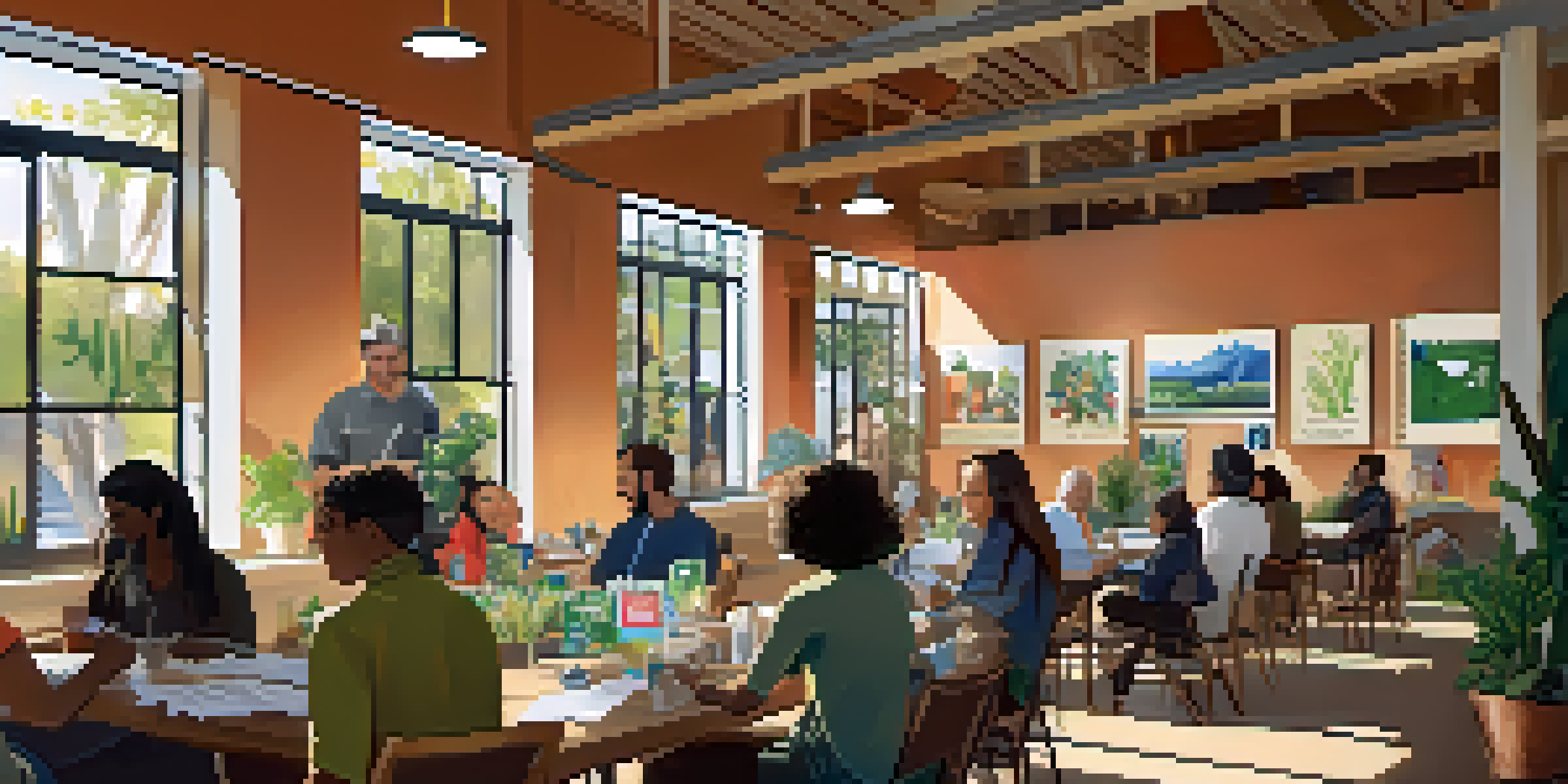 A diverse group of residents participating in a community workshop about environmental sustainability, surrounded by plants and informational materials in a sunny room.
