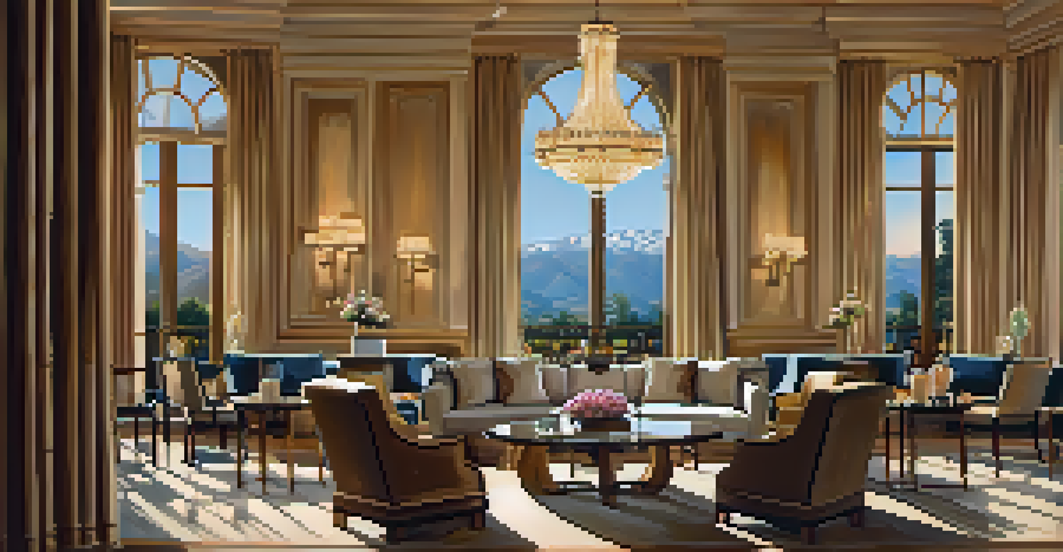 The luxurious interior of Langham Huntington hotel, with chandeliers and mountain views through large windows.