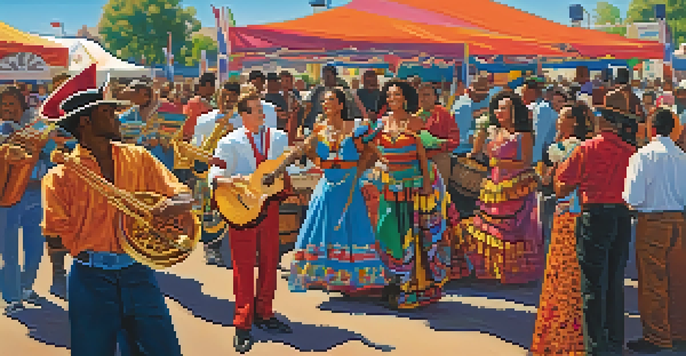 A lively outdoor music festival in Pasadena with a mariachi band and an African drum circle, surrounded by a diverse crowd and colorful decorations.