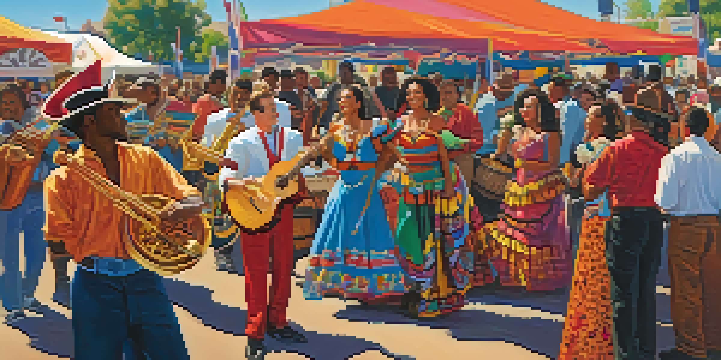 A lively outdoor music festival in Pasadena with a mariachi band and an African drum circle, surrounded by a diverse crowd and colorful decorations.