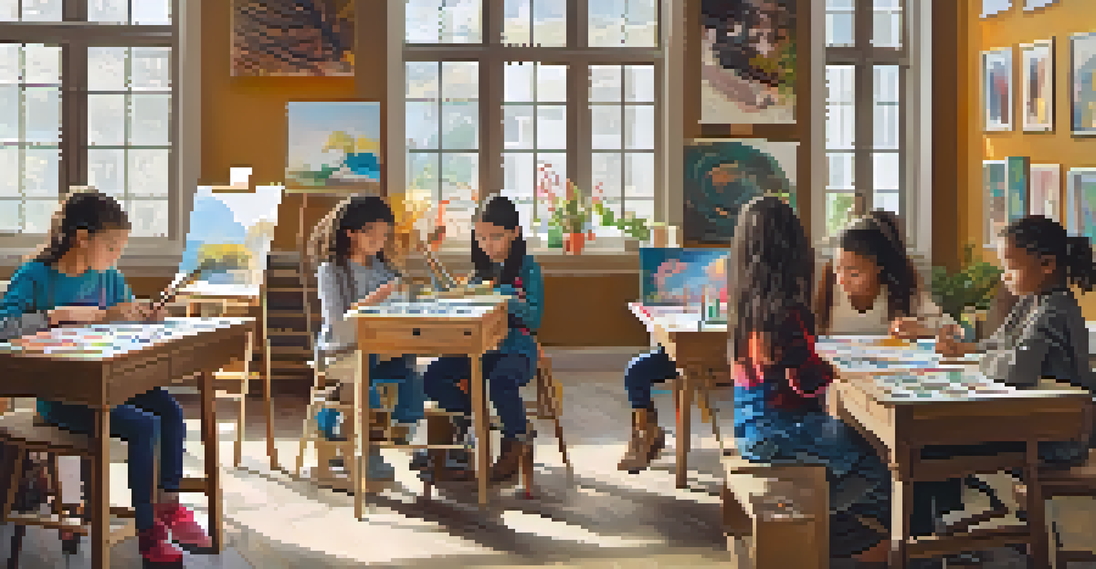 A warm arts workshop with children creating their artworks, surrounded by art supplies and previous creations displayed on a bulletin board.