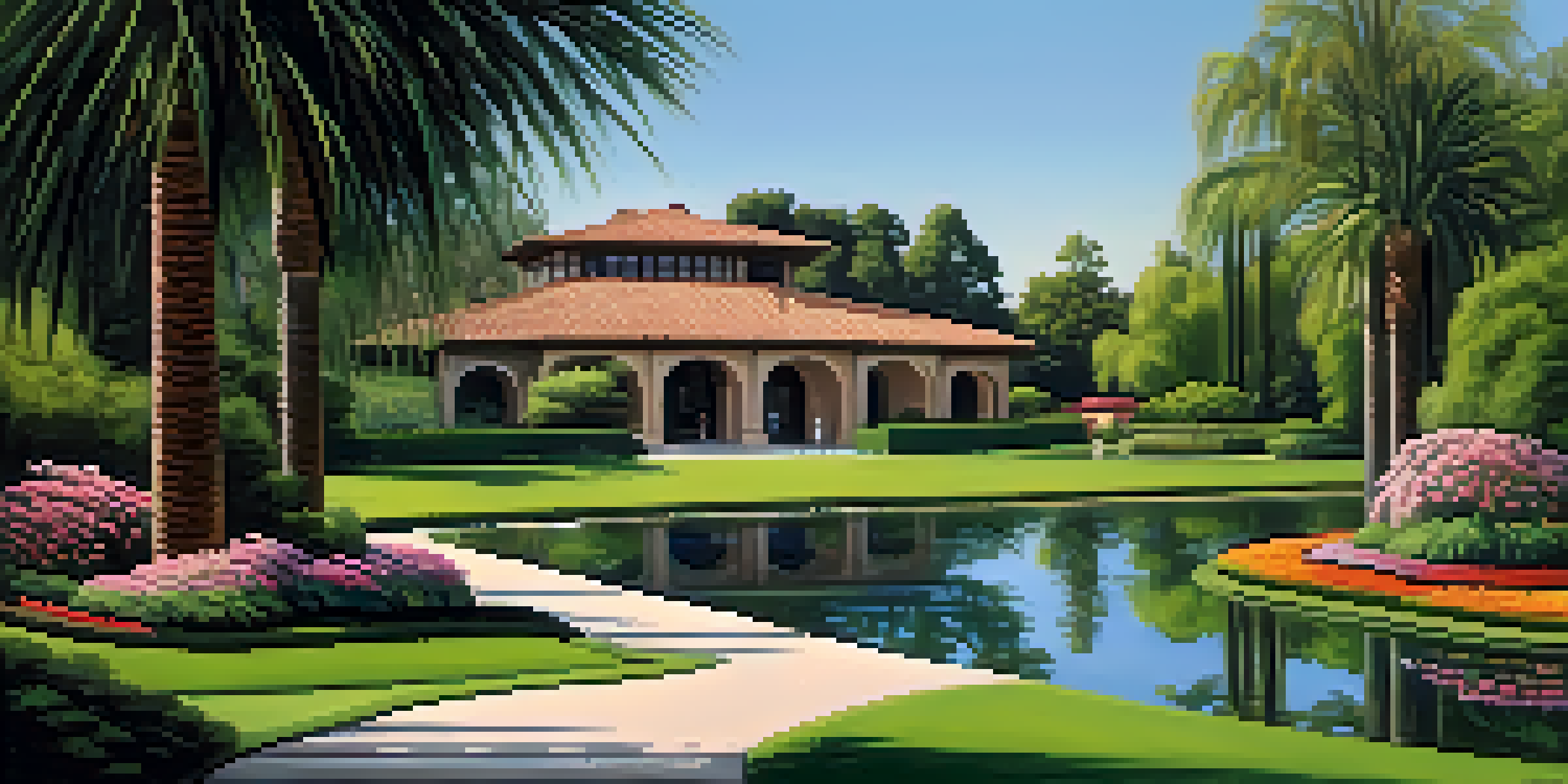 A scenic garden at the Norton Simon Museum with colorful flowers, green lawns, and a pond, showcasing the museum's architecture in the background.