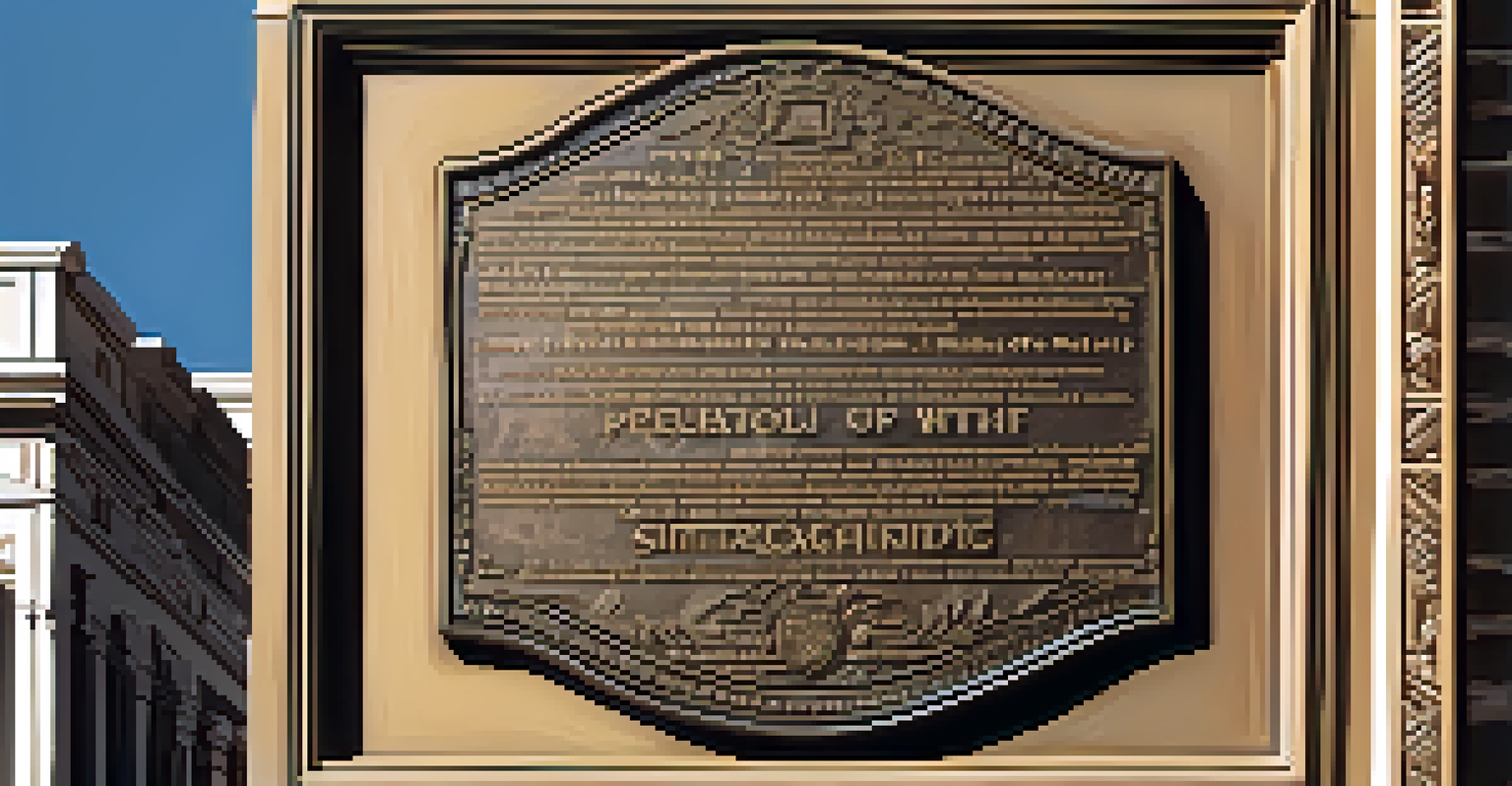 Close-up of a historic plaque on a building in Pasadena, showcasing engravings and reflections.