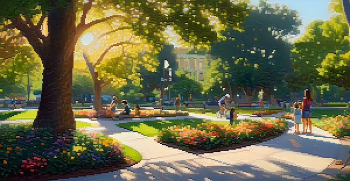 A peaceful park scene in Pasadena with trees and flowers, a couple having a picnic, and children playing.
