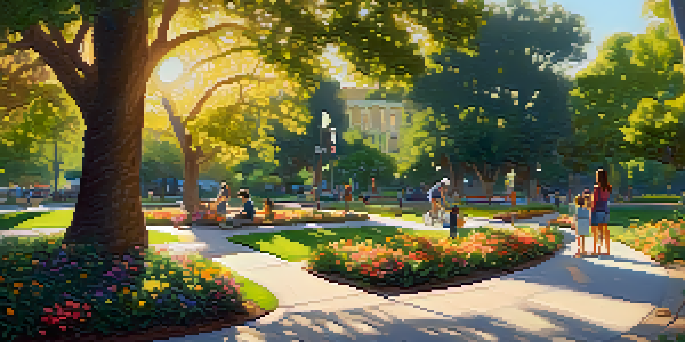 A peaceful park scene in Pasadena with trees and flowers, a couple having a picnic, and children playing.