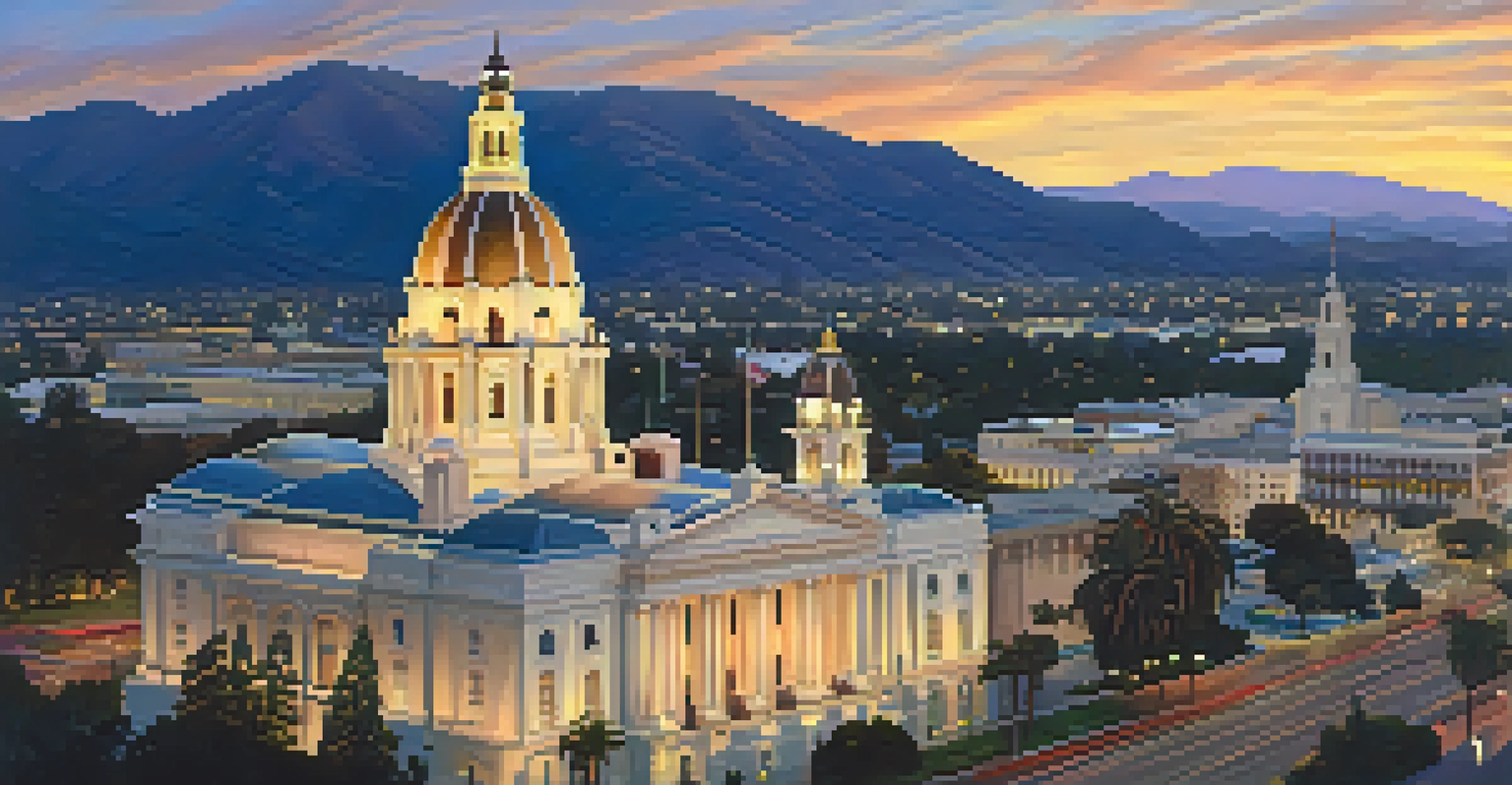An aerial view of Pasadena at dusk, showcasing the illuminated City Hall and mountains in the background.