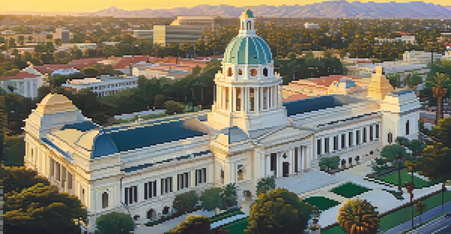 An aerial shot of Pasadena City Hall with sunset lighting, showcasing its beautiful architecture surrounded by palm trees.