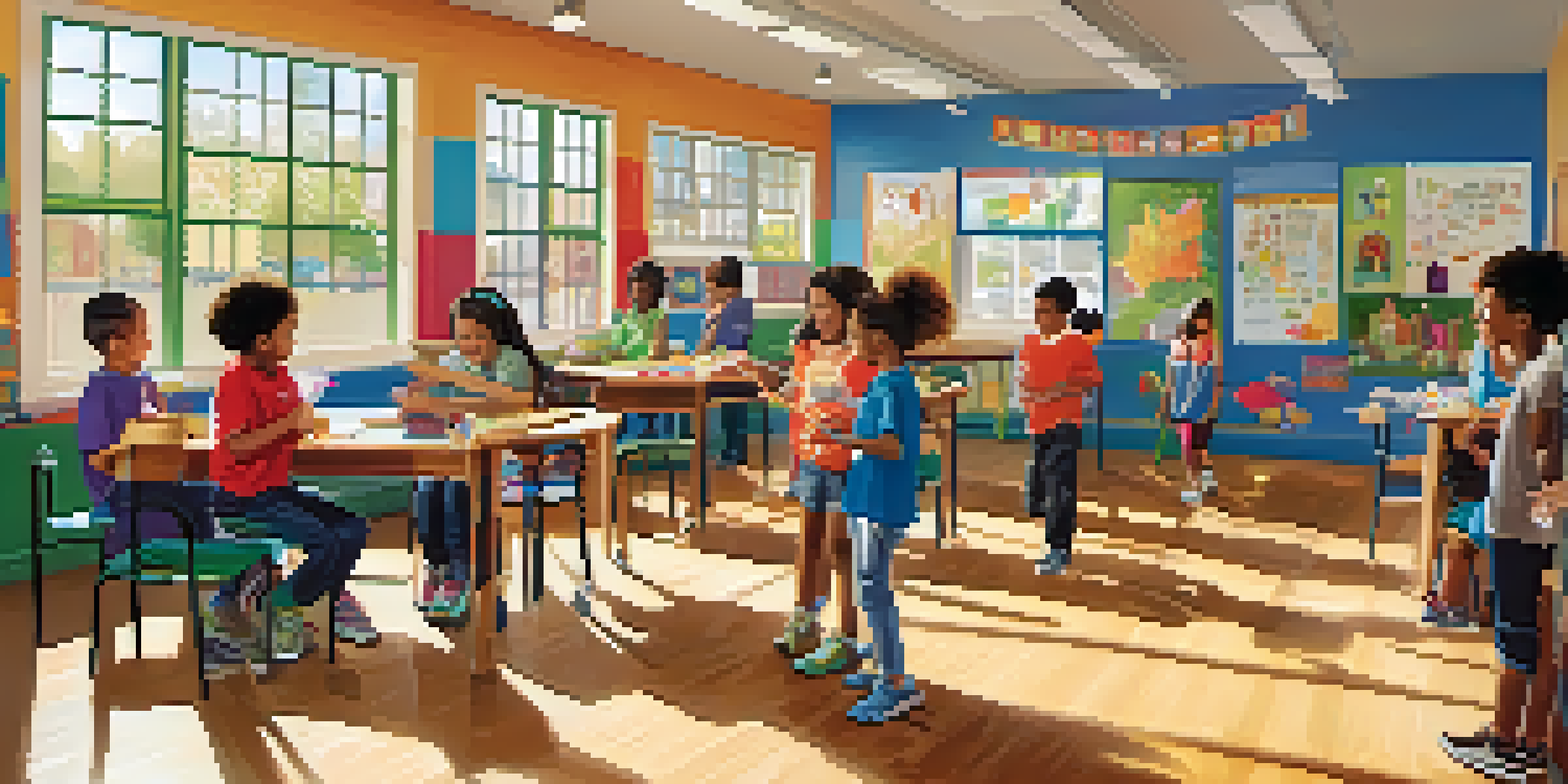 A lively after-school program with children of diverse backgrounds participating in arts and crafts, sports, and tutoring in a bright community center.