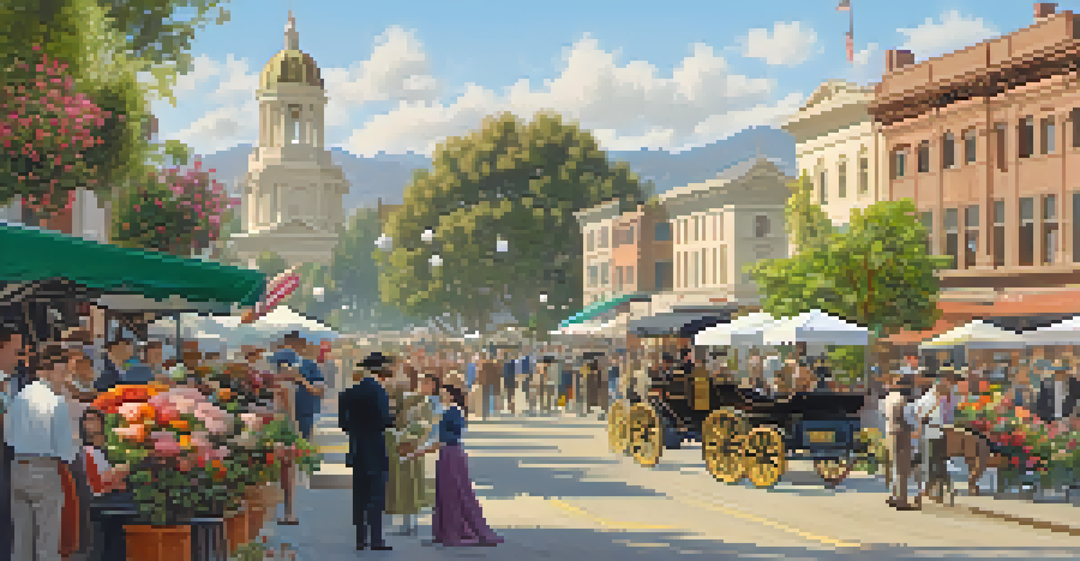 A lively street scene from late 19th century Pasadena, depicting artists and writers among historic buildings and colorful flowers.
