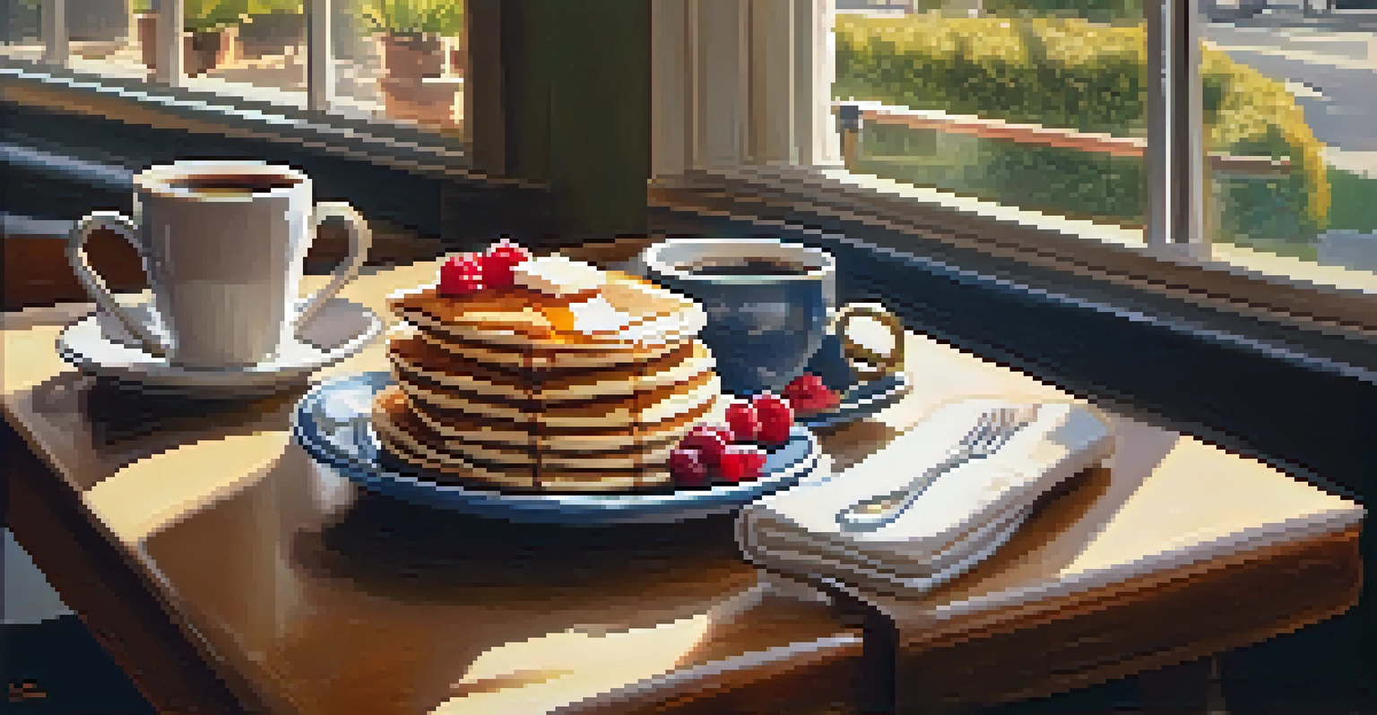 A delightful breakfast scene in a Pasadena café with fluffy pancakes and a cup of coffee, illuminated by sunlight through the windows.
