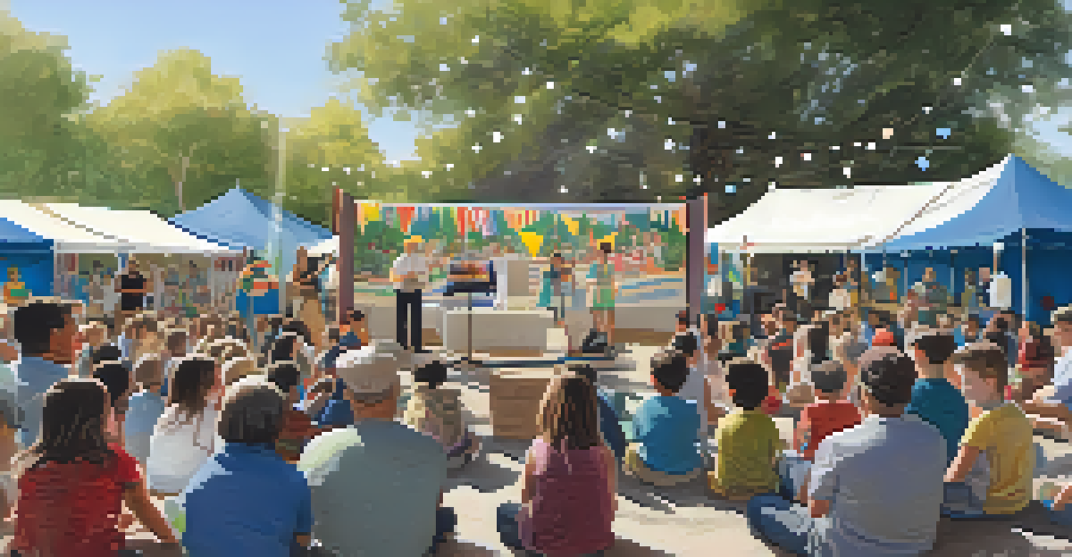 A community event in Pasadena with a historian speaking to an engaged audience under colorful tents and banners.